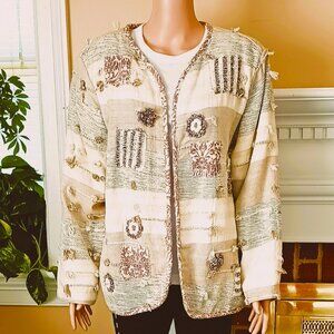 220 Hickory Crochet Patchwork Jacket L Tan Brown Open Front Long Sleeve Lined